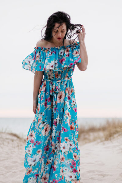 Viscose long shoulder dress - turquoise with floral pattern