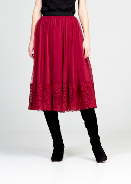 Tulle midi skirt - red / lace